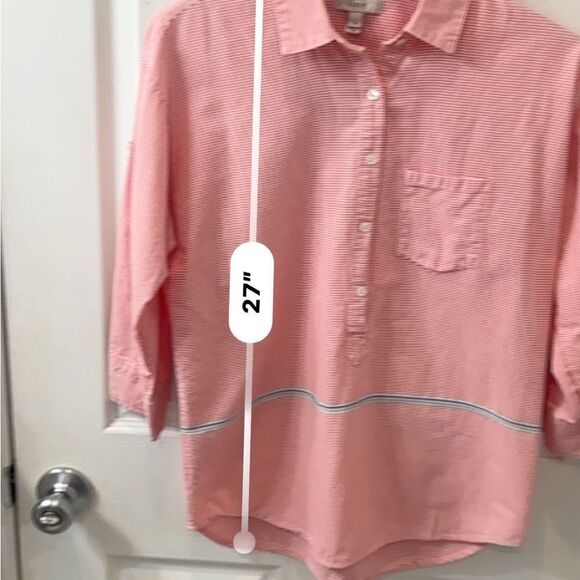 J Crew 100% cotton peach & white stripe popover blouse w an aqua stripe accent - Picture 11 of 12